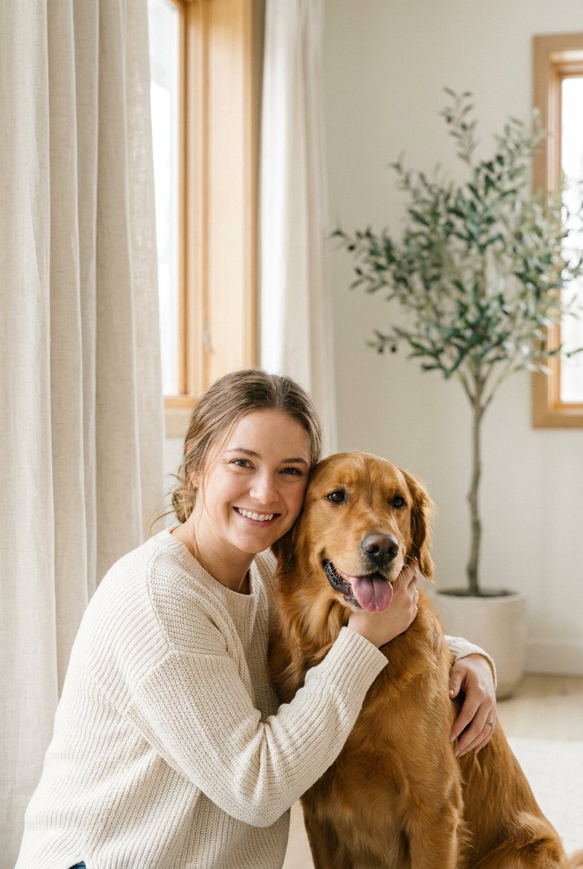 A smiling pet owner holding her healthy golden retriever